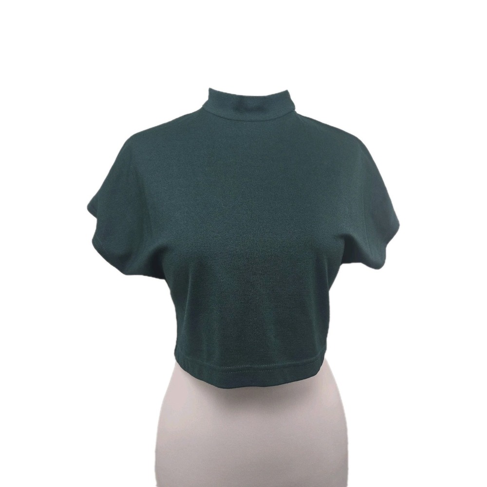 Paridaez Women's XS/S Hunter Green Short‎ Sleeve High Neck Keyhole Crop Top USA